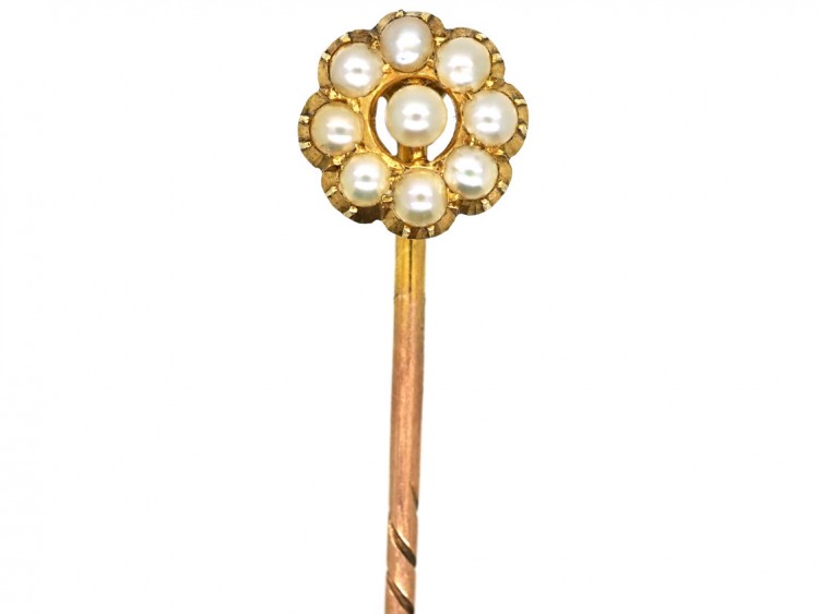 Edwardian 15ct Gold & Natural Split Pearl Cluster Tie Pin