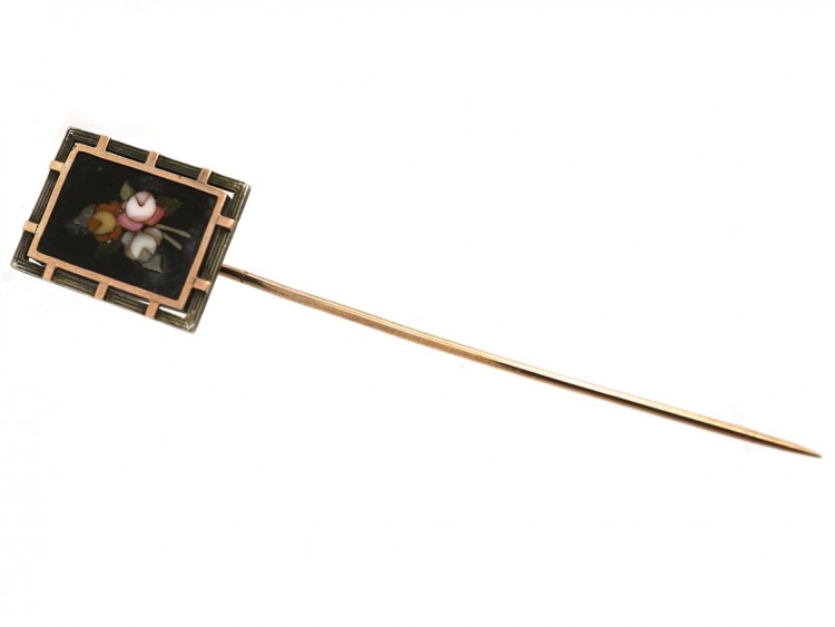 Victorian Silver & Gold Pietra Dura Tie Pin With Flowers Motif