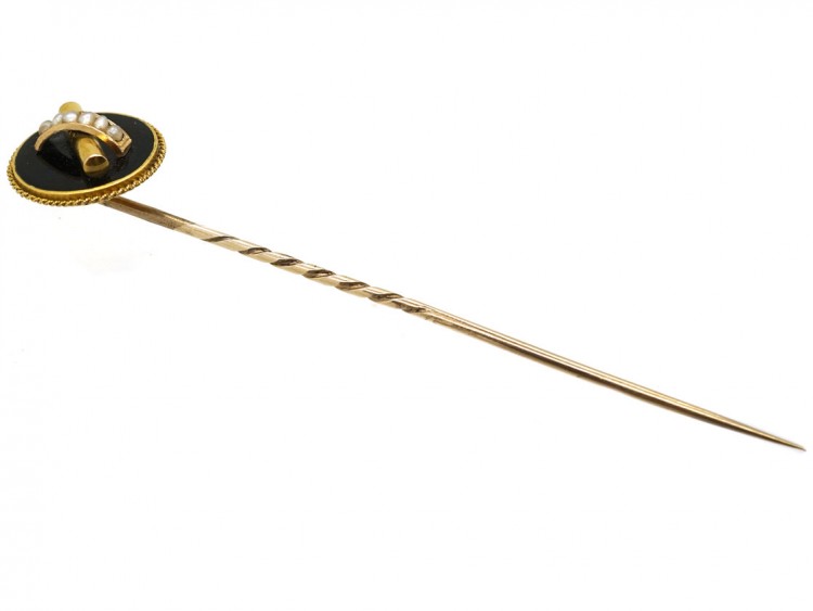 Victorian 18ct Gold Onyx & Natural Split Pearl Tie Pin