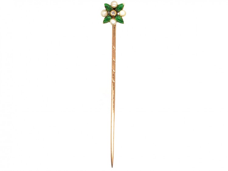 Edwardian 15ct Gold, Enamel & Natural Pearl Tie Pin