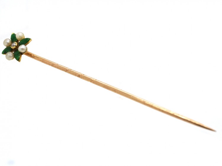 Edwardian 15ct Gold, Enamel & Natural Pearl Tie Pin