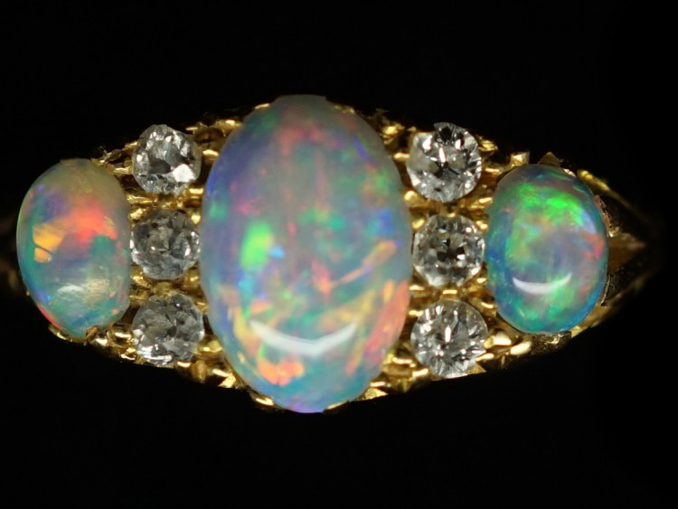 Edwardian 18ct Gold, Three Stone Opal & Diamond Ring