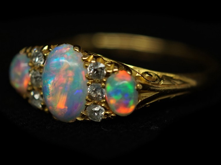 Edwardian 18ct Gold, Three Stone Opal & Diamond Ring