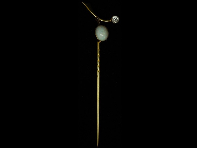 Edwardian 18ct Gold, Opal & Diamond Sprig Tie Pin