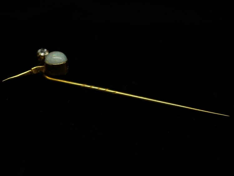 Edwardian 18ct Gold, Opal & Diamond Sprig Tie Pin