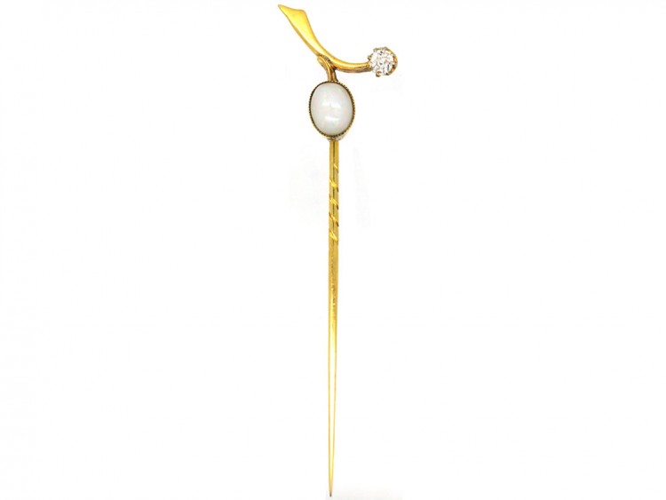 Edwardian 18ct Gold, Opal & Diamond Sprig Tie Pin