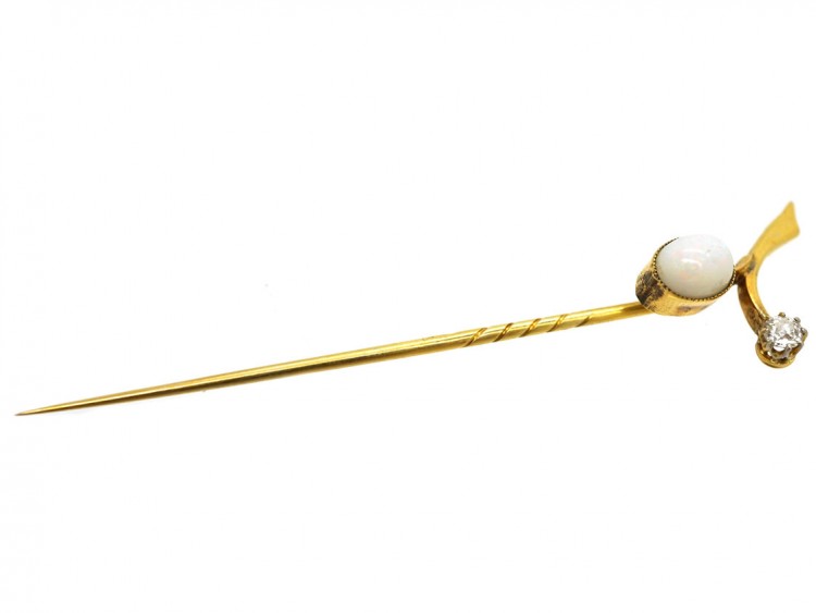 Edwardian 18ct Gold, Opal & Diamond Sprig Tie Pin