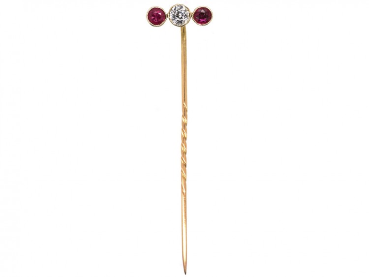 Edwardian 15ct Gold, Three Stone Ruby & Diamond Tie Pin