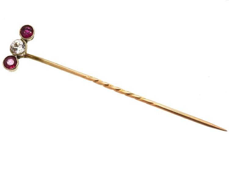 Edwardian 15ct Gold, Three Stone Ruby & Diamond Tie Pin