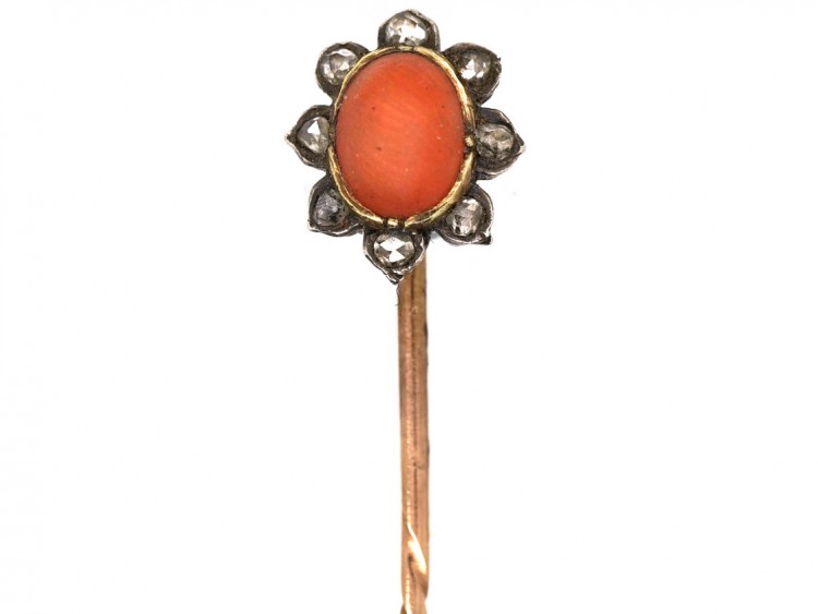 Edwardian 9ct Gold, Rose Diamond & Coral Tie Pin