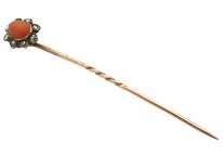 Edwardian 9ct Gold, Rose Diamond & Coral Tie Pin