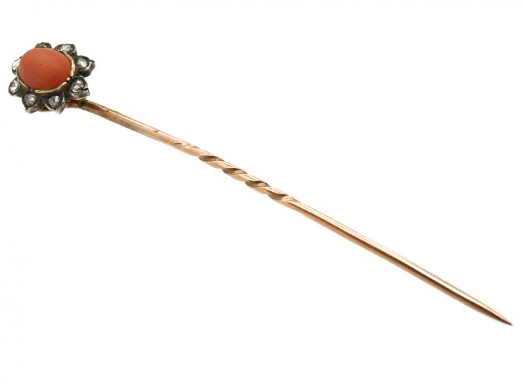 Edwardian 9ct Gold, Rose Diamond & Coral Tie Pin