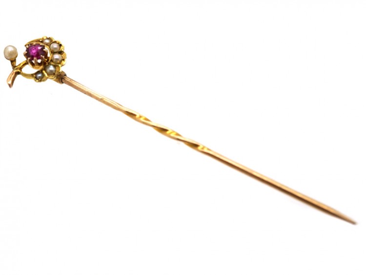 Edwardian 15ct Gold, Ruby & Natural Split Pearl Harvest Moon Tie Pin