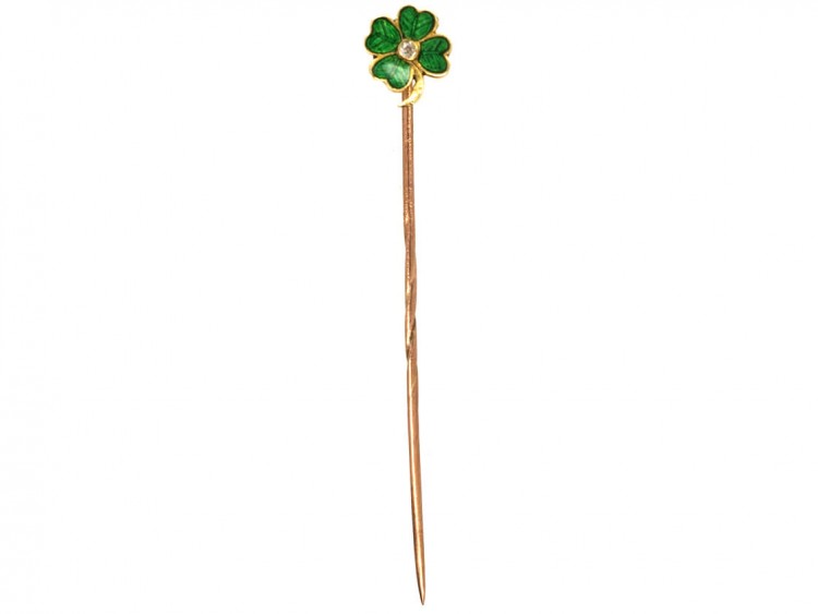 Edwardian 15ct Gold, Green Enamel & Diamond Four Leaf Clover Tie Pin