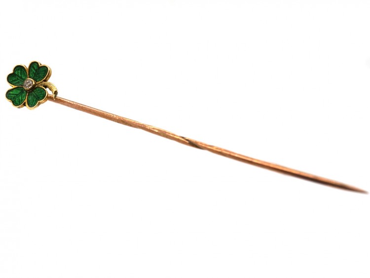 Edwardian 15ct Gold, Green Enamel & Diamond Four Leaf Clover Tie Pin