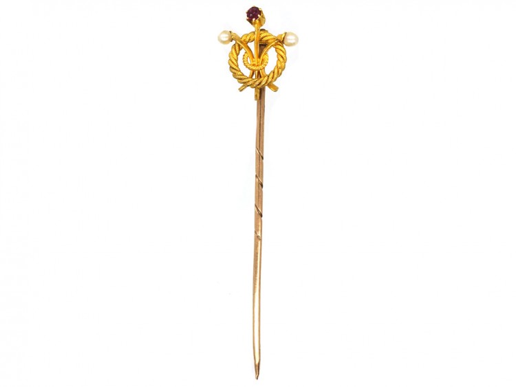 Edwardian 15ct Gold, Ruby, & Natural Pearl Tie Pin