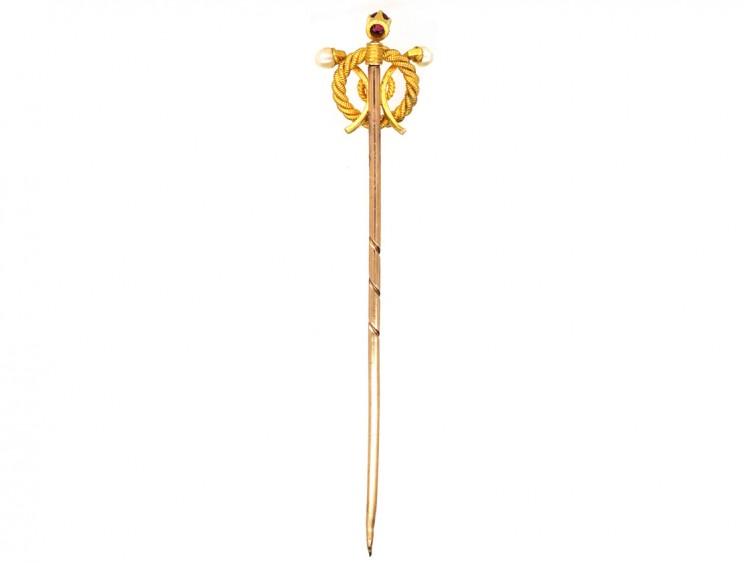 Edwardian 15ct Gold, Ruby, & Natural Pearl Tie Pin