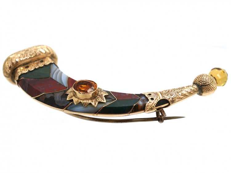 Victorian Gold & Agate Scottish Horn Brooch
