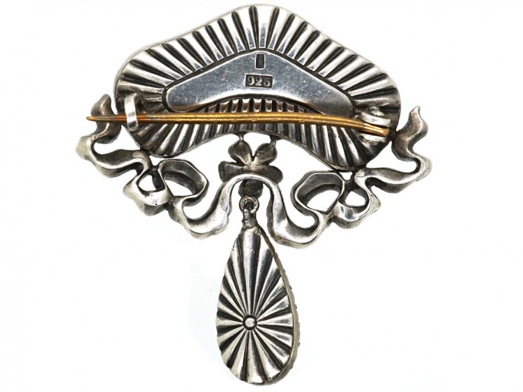 Edwardian Silver, Blue Glass & Paste Flower Brooch