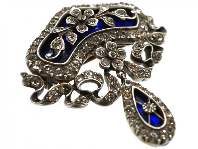 Edwardian Silver, Blue Glass & Paste Flower Brooch