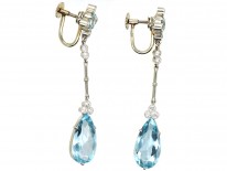 Art Deco 14ct Gold Long Drop Aquamarine & Diamond Earrings