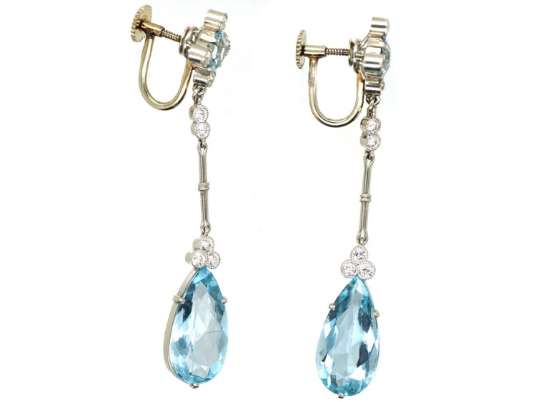 Art Deco 14ct Gold Long Drop Aquamarine & Diamond Earrings