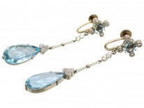 Art Deco 14ct Gold Long Drop Aquamarine & Diamond Earrings