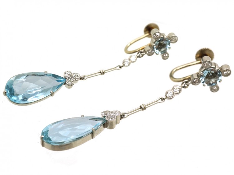 Art Deco 14ct Gold Long Drop Aquamarine & Diamond Earrings