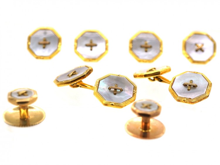 Edwardian 9ct Gold & Mother of Pearl Dress Set in Original Case