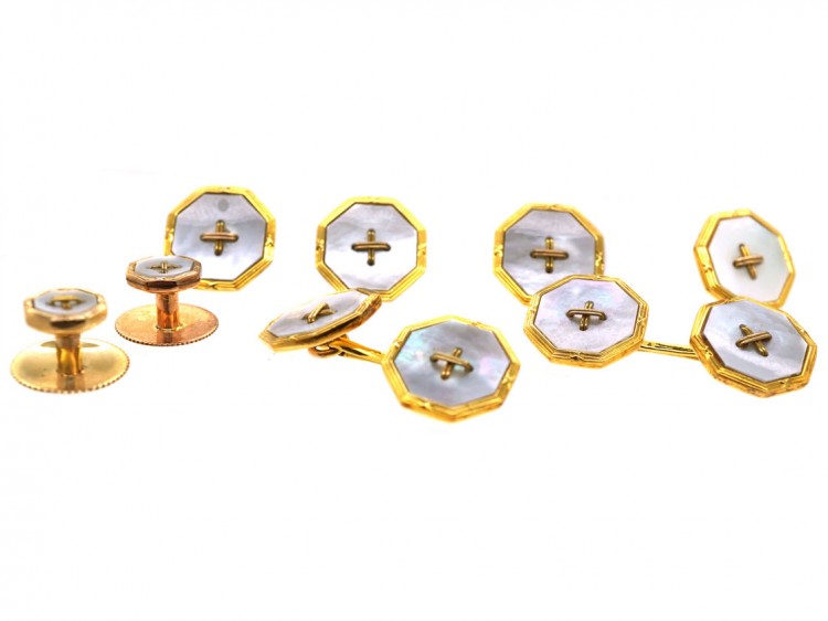 Edwardian 9ct Gold & Mother of Pearl Dress Set in Original Case
