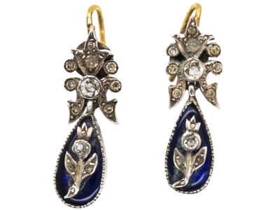 Edwardian Silver, Blue Glass & Paste Drop Flower & Bow Motif Earrings