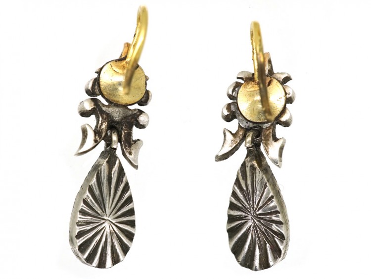 Edwardian Silver, Blue Glass & Paste Drop Flower & Bow Motif Earrings