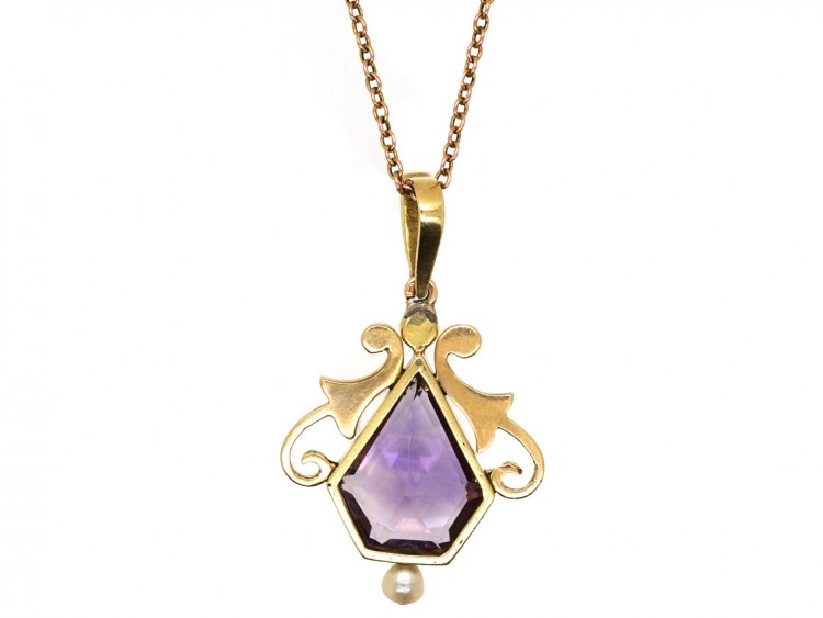 15ct Gold, Enamel, Amethyst & Natural Split Pearl Suffragette Pendant On Chain