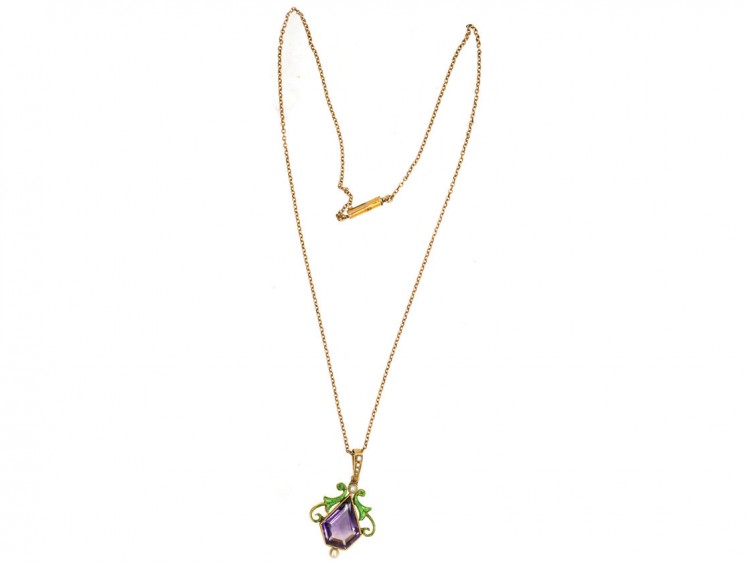 15ct Gold, Enamel, Amethyst & Natural Split Pearl Suffragette Pendant On Chain