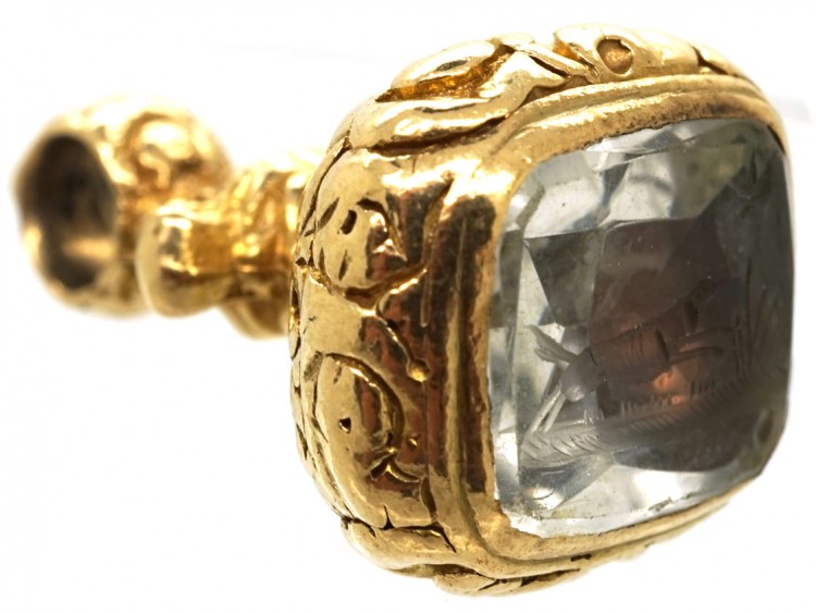 Georgian 18ct Gold Cased Seal With Rock Crystal Base With Dog & Pheasant Intaglio