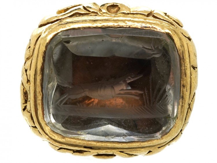 Georgian 18ct Gold Cased Seal With Rock Crystal Base With Dog & Pheasant Intaglio