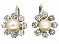 Edwardian 18ct White Gold, Natural Pearl & Diamond Daisy Earrings