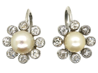 Edwardian 18ct White Gold, Natural Pearl & Diamond Daisy Earrings