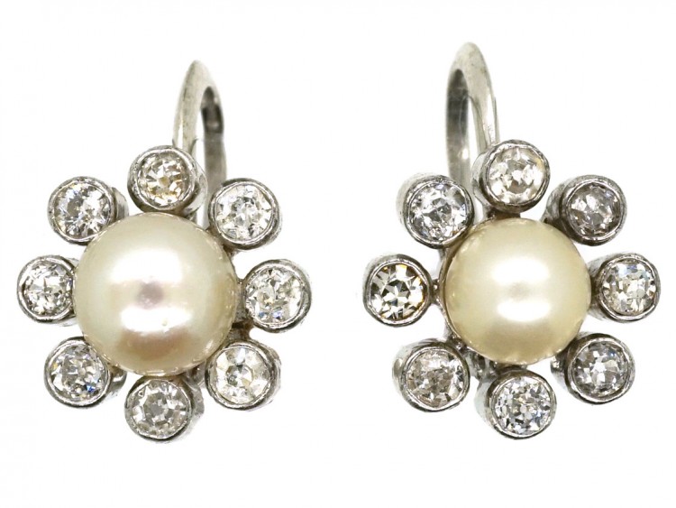 Edwardian 18ct White Gold, Natural Pearl & Diamond Daisy Earrings