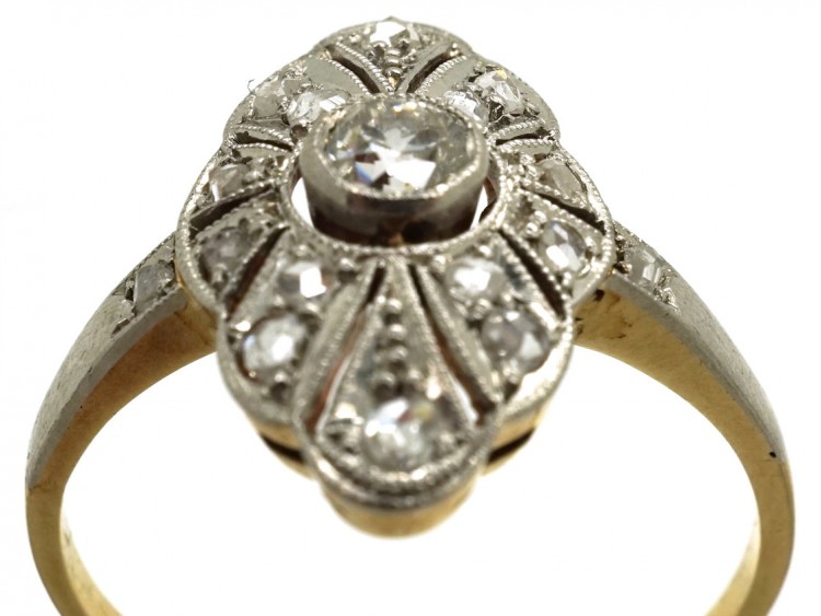 Art Deco 18ct Gold, Platinum & Diamond Marquise Shaped Ring