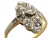 Art Deco 18ct Gold, Platinum & Diamond Marquise Shaped Ring
