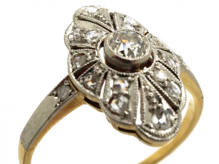 Art Deco 18ct Gold, Platinum & Diamond Marquise Shaped Ring