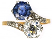 Art Deco 18ct Gold, Platinum, Sapphire & Diamond Crossover Ring