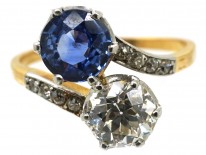 Art Deco 18ct Gold, Platinum, Sapphire & Diamond Crossover Ring