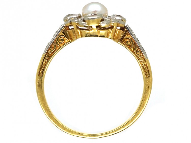 Edwardian 18ct Gold, Platinum, Pearl & Diamond Cluster Ring