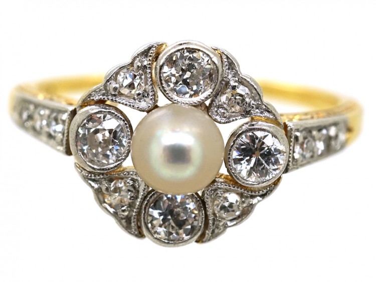Edwardian 18ct Gold, Platinum, Pearl & Diamond Cluster Ring