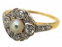 Edwardian 18ct Gold, Platinum, Pearl & Diamond Cluster Ring