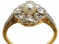 Edwardian 18ct Gold, Platinum, Pearl & Diamond Cluster Ring