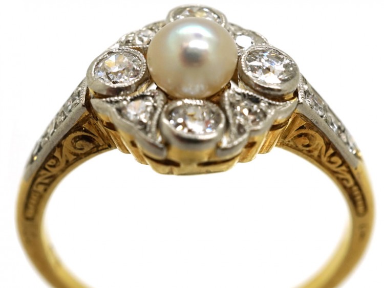 Edwardian 18ct Gold, Platinum, Pearl & Diamond Cluster Ring