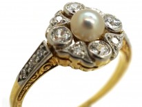 Edwardian 18ct Gold, Platinum, Pearl & Diamond Cluster Ring